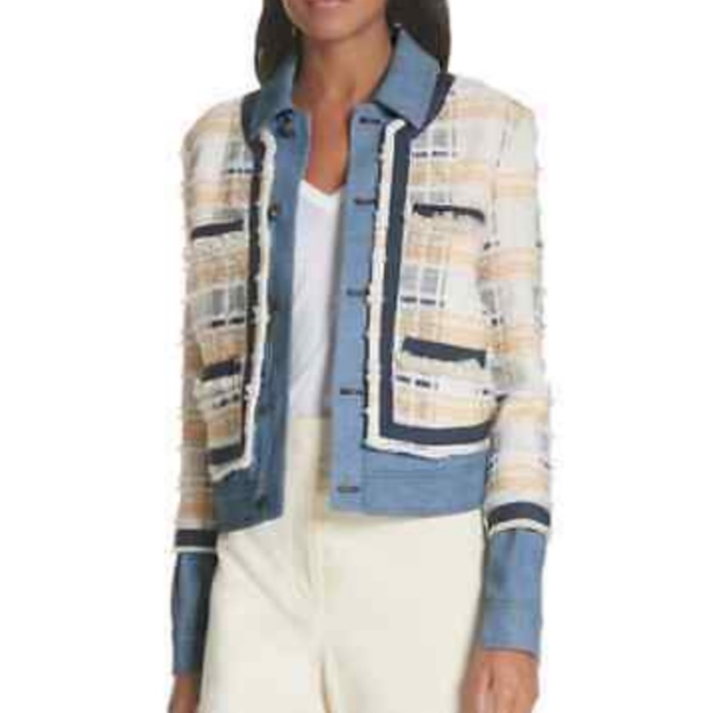 Veronica Beard Santiago Plaid Tweed and Denim Crop Jacket Size 2 NWOT